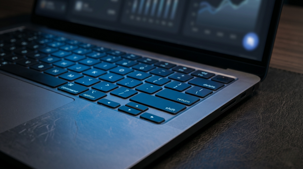 Zbliżenie na klawiaturę laptopa w chłodnym niebieskim oświetleniu, na ekranie widoczne zamazane wykresy i panele analityczne. Symbol mobilnego zarządzania stroną firmową na LinkedIn i pozyskiwania leadów B2B.
