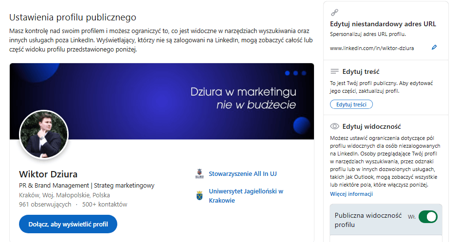 Zrzut ekranu zakładki Ustawienia profilu publicznego na LinkedIn. Widoczny włączony suwak w sekcji 'Publiczna widoczność profilu', który umożliwia indeksowanie konta w wyszukiwarce Google i odnajdywanie eksperta przez klientów B2B.