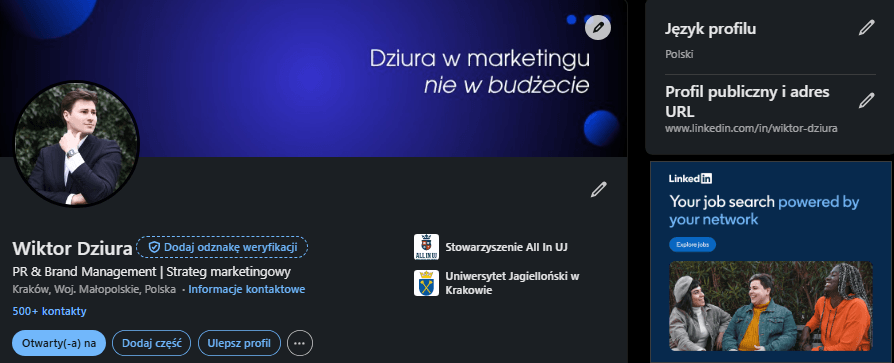 Zrzut ekranu z ustawień LinkedIn pokazujący sekcję "Profil publiczny i adres URL" z ikoną edycji. Widoczny poprawnie zoptymalizowany, krótki link do profilu osobistego bez przypadkowego ciągu cyfr.