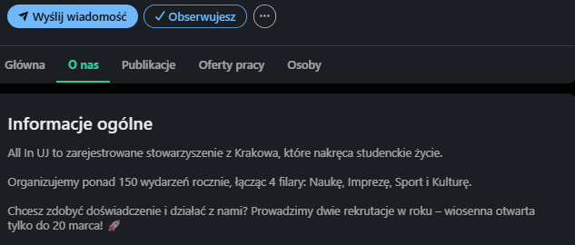 Przykład dobrze zoptymalizowanej zakładki O nas na stronie firmowej LinkedIn, zawierającej konkretne informacje, słowa kluczowe oraz wyraźne wezwanie do działania (Call to Action) zachęcające do rekrutacji.