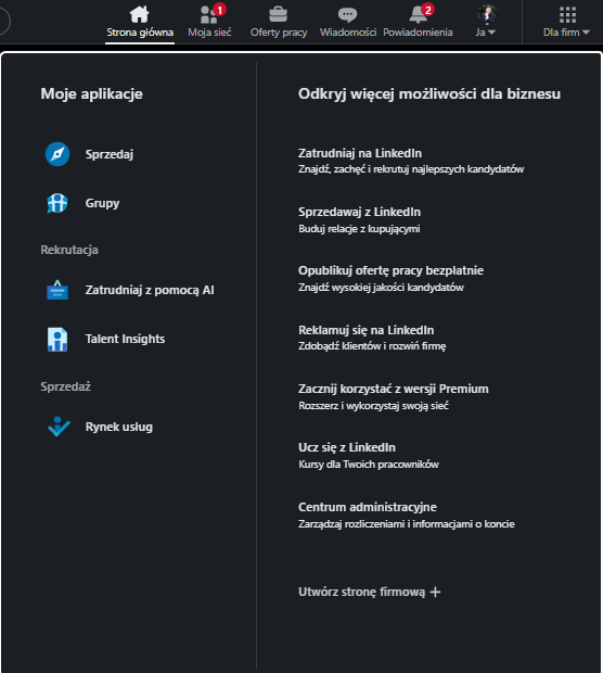 Rozwijane menu biznesowe "Dla firm" na platformie LinkedIn w wersji na komputer, z widocznym na samym dole przyciskiem "Utwórz stronę firmową". Pokazuje jak założyć stronę firmową na LinkedIn