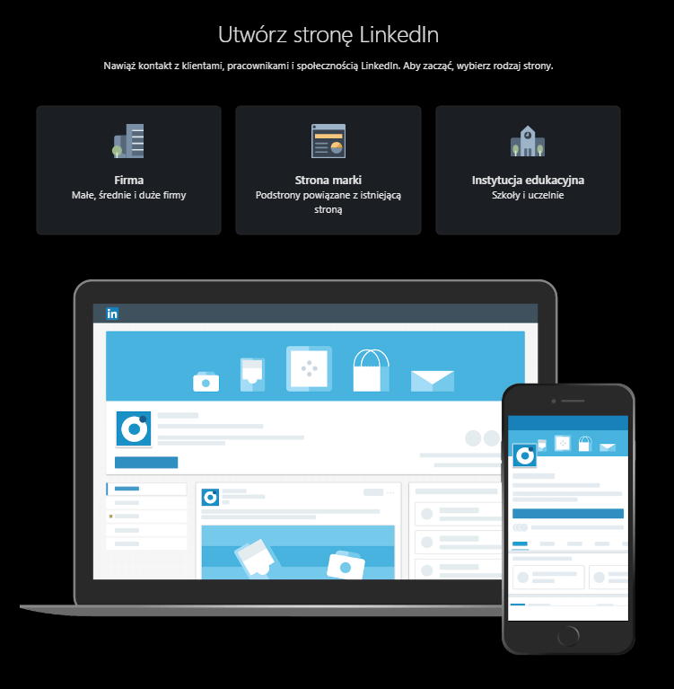 Ekran wyboru formatu nowej strony na LinkedIn, przedstawiający trzy opcje: Firma, Strona marki oraz Instytucja edukacyjna. Dla większości biznesów właściwym wyborem jest kafelek Firma.
