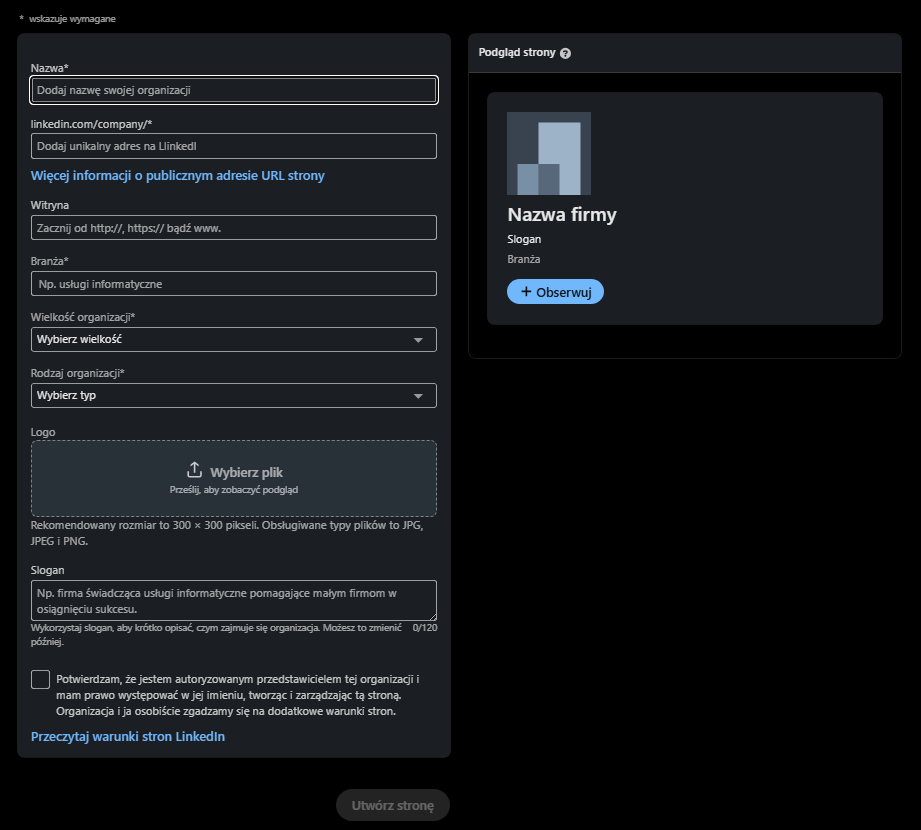 Formularz rejestracyjny nowej strony firmowej na LinkedIn, zawierający kluczowe pola do wypełnienia: nazwa organizacji, unikalny publiczny adres URL oraz link do witryny internetowej.