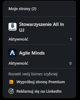 Sekcja Moje strony w lewym panelu nawigacyjnym na LinkedIn, pokazująca listę zarządzanych stron firmowych.