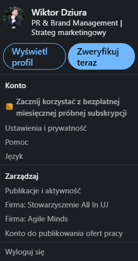 Rozwijane menu pod ikoną profilu na LinkedIn, pokazujące sekcję Zarządzaj z szybkim dostępem do stron firmowych.