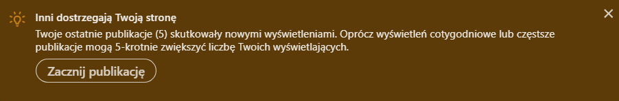 Powiadomienie z panelu administratora LinkedIn informujące, że cotygodniowe publikacje mogą 5-krotnie zwiększyć liczbę wyświetlających stronę firmową.