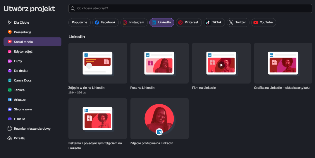 Interfejs programu Canva z widocznymi szablonami graficznymi dla LinkedIn, ułatwiającymi zaprojektowanie profesjonalnego zdjęcia w tle (banera) dla strony firmowej.
