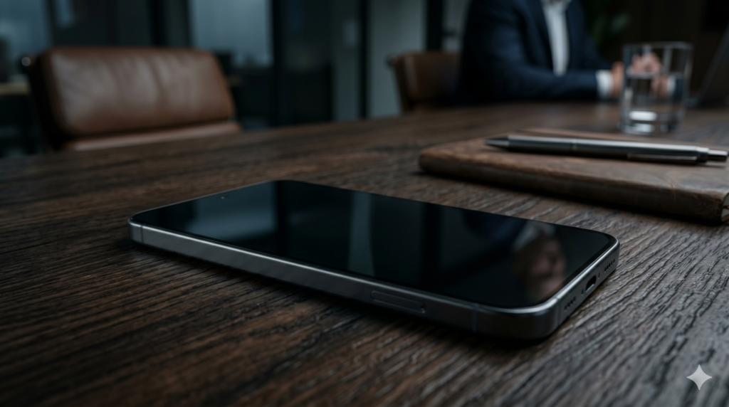 Elegancki smartfon leżący na drewnianym biurku w ciemnym biurze, w tle zamazana sylwetka biznesmena. Koncepcja mierzenia wskaźnika Social Selling Index (SSI) na LinkedIn.
