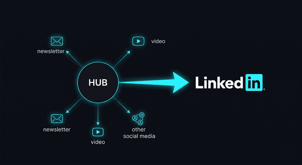 Model dystrybucji treści Hub and Spoke z wykorzystaniem własnego bloga i platformy LinkedIn jako wyszukiwarka ekspercka.