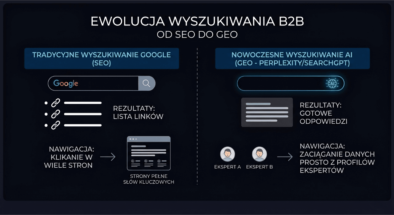 Ewolucja zapytań B2B z tradycyjnego SEO na GEO opartą o silniki odpowiedzi AI